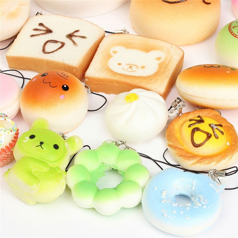 30 Random Kawaii Squishies Bun Toast Donut Bread Squishy Cat Charm Set
